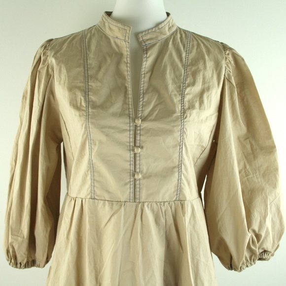 Anthropologie Ruffled Poplin Cotton Tunic Puff Sleeve Tan Mini Dress M NWT - Picture 3 of 6